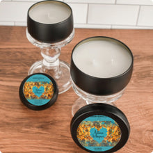 Load image into Gallery viewer, Autumn Whispers candle tin with green, mint, and musk scent