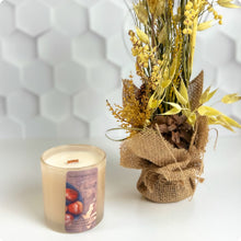 Load image into Gallery viewer, Tan glass jar candle with cozy autumn and fireside fragrance