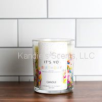 Load image into Gallery viewer, It’s Yo Birthday candle jar with colorful sprinkles and buttercream scent