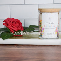 Load image into Gallery viewer, It’s Yo Birthday candle jar with colorful sprinkles and buttercream scent