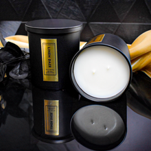 Load image into Gallery viewer, Premium Linen Daze soy candle set with both lid on and off views, placed on a reflective surface to highlight the sleek design and triple wick detail.