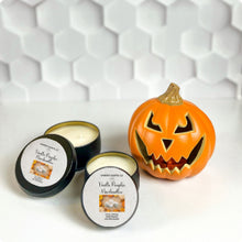 Load image into Gallery viewer, Matte black tin candles with creamy fall fragrance