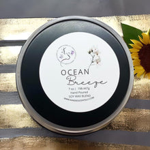 Load image into Gallery viewer, Ocean Breeze candle tin with sea salt and ozone scent