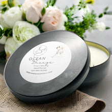 Load image into Gallery viewer, Matte black soy blend tin candle with fresh ocean fragrance