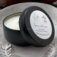 Load image into Gallery viewer, Speechless candle tin with vanilla, lavender, and smoky wood scent
