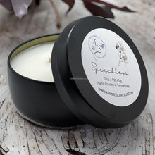 Load image into Gallery viewer, Speechless candle tin with vanilla, lavender, and smoky wood scent