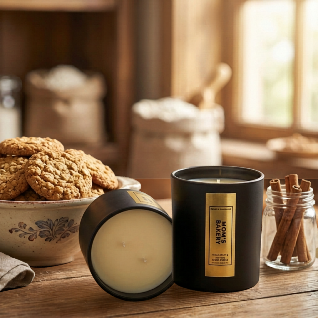 Two black candles with gold labels on a wooden surface with cookies and cinnamon sticks.