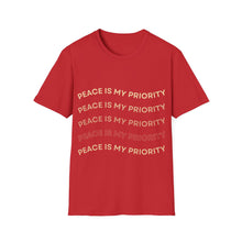 Load image into Gallery viewer, Red t-shirt with 'Peace is my Priority' printed on a white background
