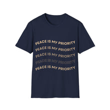 Load image into Gallery viewer, Navy blue t-shirt with 'Peace is my priority' text on a white background
