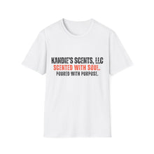 Load image into Gallery viewer, White t-shirt with text 'Kandie's Scents, LLC' on a white background
