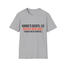 Load image into Gallery viewer, Gray t-shirt with text 'Kandie's Scents, LLC' on a white background
