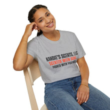 Load image into Gallery viewer, Woman wearing a gray t-shirt with 'Kandie's Scents, LLC - Scented with Soul. Poured with Purpose.' text, sitting on a chair against a white background

