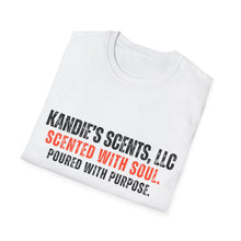 Load image into Gallery viewer, White t-shirt with text 'Kandie's Scents, LLC' on a white background
