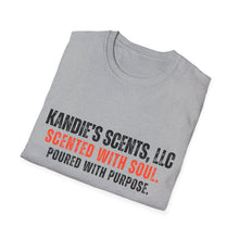 Load image into Gallery viewer, Folded gray t-shirt with 'Kandie's Scents, LLC- Scented with Soul. Poured with Purpose.' text on a white background
