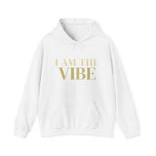 Load image into Gallery viewer, White hoodie with 'I AM THE VIBE' text in gold on a white background
