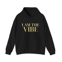 Load image into Gallery viewer, Black hoodie with 'I AM THE VIBE' text on a white background
