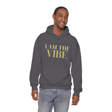 Load image into Gallery viewer, Man wearing a gray hoodie with 'I AM THE VIBE' text on a white background
