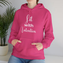 Load image into Gallery viewer, Pink hoodie with 'Lit with Intention' text on a white background
