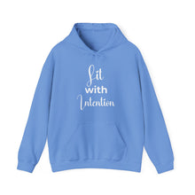 Load image into Gallery viewer, Blue hoodie with 'Lit with Intention' text on a white background
