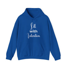 Load image into Gallery viewer, Blue hoodie with 'Lit with Intention' design on a white background
