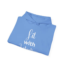 Load image into Gallery viewer, Folded blue hoodie with white text on a white background
