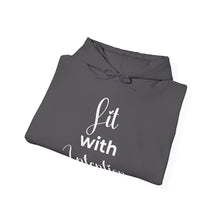 Load image into Gallery viewer, Black hoodie with graphic design and text on a white background
