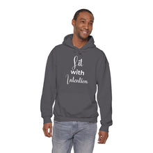 Load image into Gallery viewer, Man wearing a gray hoodie with 'Lit with Intention' text on a white background
