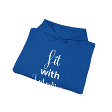 Load image into Gallery viewer, Folded blue hoodie with white text on a white background
