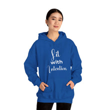 Load image into Gallery viewer, Person wearing a blue hoodie with 'Lit with Intention' text on a white background
