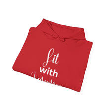 Load image into Gallery viewer, Folded red hoodie with white text on a white background
