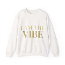 Load image into Gallery viewer, White sweatshirt with 'I AM THE VIBE' text in gold on a white background
