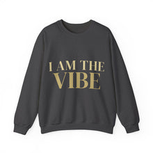 Load image into Gallery viewer, Black sweatshirt with 'I AM THE VIBE' text in gold on a white background
