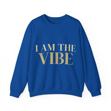 Load image into Gallery viewer, Blue sweatshirt with 'I AM THE VIBE' text in gold on a white background
