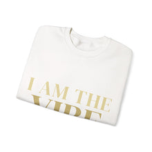 Load image into Gallery viewer, White sweatshirt with 'I AM THE VIBE' text in gold on a white background
