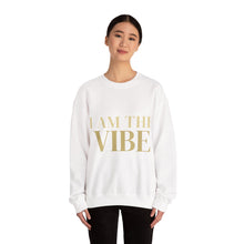 Load image into Gallery viewer, Person wearing a white sweatshirt with 'I AM THE VIBE' text on a white background
