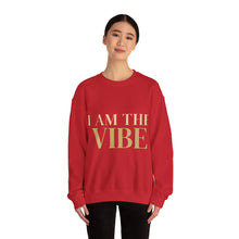 Load image into Gallery viewer, Person wearing a red sweatshirt with 'I AM THE VIBE' text on a white background
