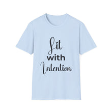 Load image into Gallery viewer, Light blue t-shirt with 'Lit with Intention' text on a white background
