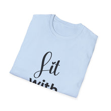 Load image into Gallery viewer, Light blue t-shirt with black 'Lit with Intention' text  on a white background
