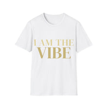 Load image into Gallery viewer, White t-shirt with 'I AM THE VIBE' text in gold on a white background
