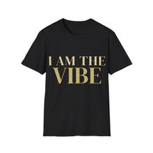 Load image into Gallery viewer, Black t-shirt with 'I AM THE VIBE' text on a white background

