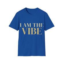 Load image into Gallery viewer, Blue t-shirt with 'I AM THE VIBE' text on a white background

