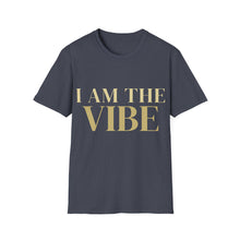 Load image into Gallery viewer, Gray t-shirt with 'I AM THE VIBE' text on a white background
