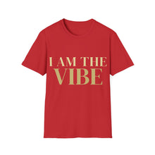 Load image into Gallery viewer, Red t-shirt with 'I AM THE VIBE' text in gold on a white background
