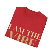 Load image into Gallery viewer, Folded red t-shirt with 'I AM THE VIBE' text in gold on a white background
