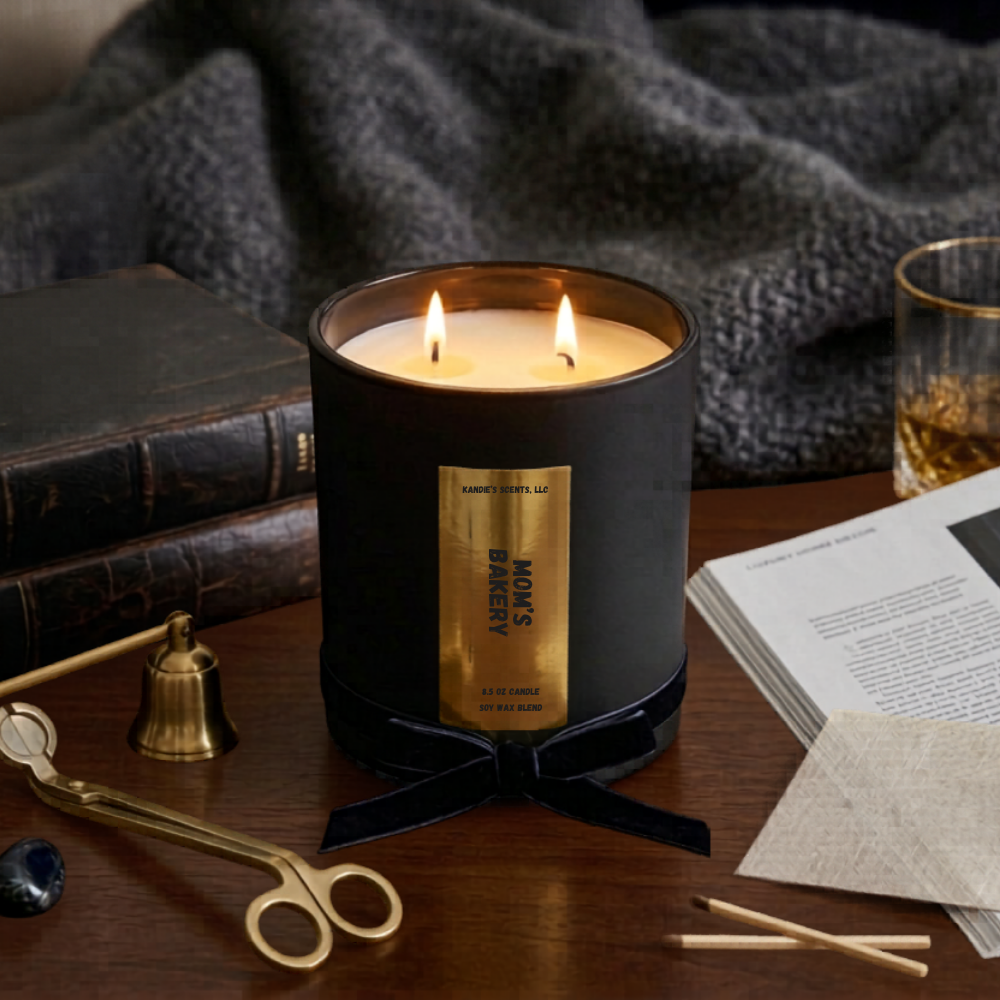 Candle with a label on a wooden surface with books and a glass of whiskey in the background