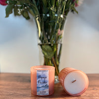 Load image into Gallery viewer, Pink glass jar candle with wooden wick and tropical fragrance
