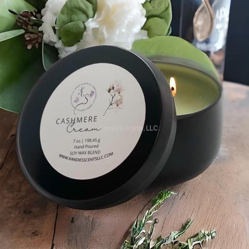 Cashmere Cream soy blend candle tin with coconut and sandalwood scent